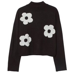 H&M Divided Cropped Sweater XS‎ Black White Floral Knit Mock Neck